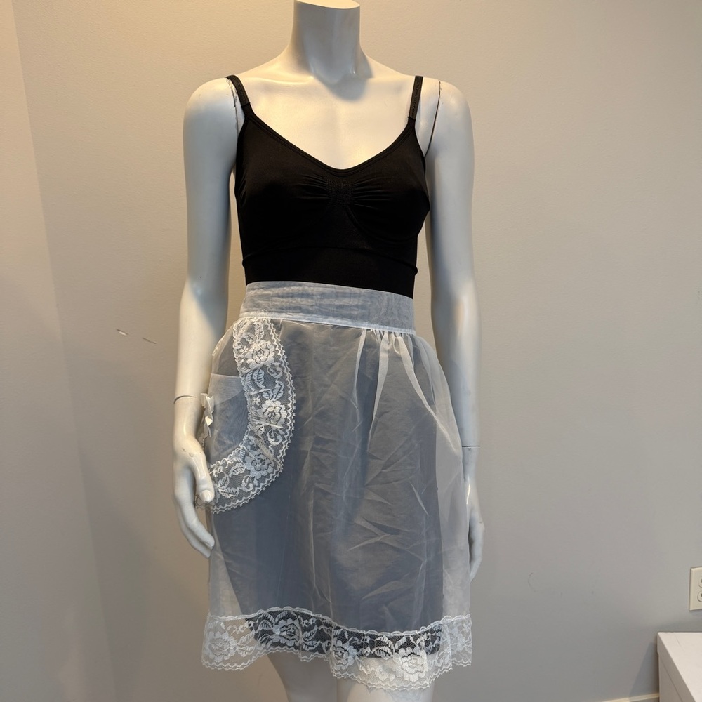 Vintage 50s Half Apron Sheer White Lace Trim Organza